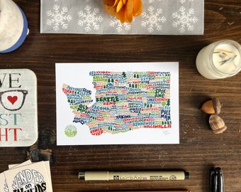 Hand-Lettered Towns of Washington Postcard, Washington Towns Postcard, Washington Postcard, Washington Art, Washington Gift