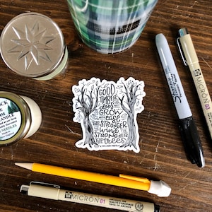 Handbeschrifteter guter Holzaufkleber, inspirierender Naturaufkleber, Baumaufkleber, Stärkeaufkleber, Ermutigungsaufkleber, Line Art Aufkleber