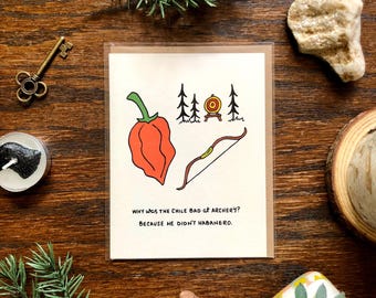Tarjeta de felicitación con juego de palabras de tiro con arco ilustrado de chile habanero