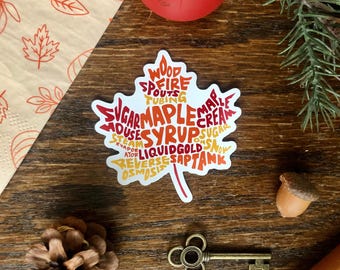 Imán de hoja de arce con letras a mano, arte con jarabe de arce, palabras con sabor a azúcar, regalo de Vermont