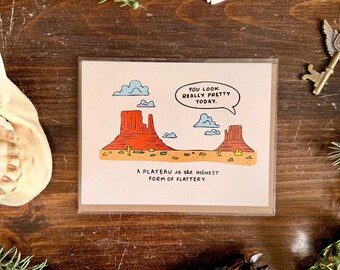 Tarjeta de felicitación ilustrada con juego de palabras sobre la meseta