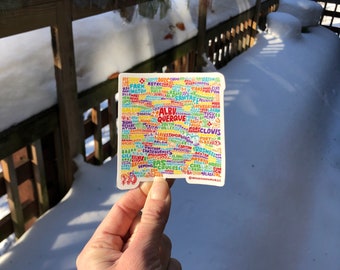 Hand-Lettered New Mexico Sticker, New Mexico Shape Sticker, NM Sticker, New Mexico Cities Sticker, Hand-Lettered Sticker
