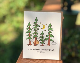 Tarjeta de felicitación con juego de palabras ilustrado del juego del ajo