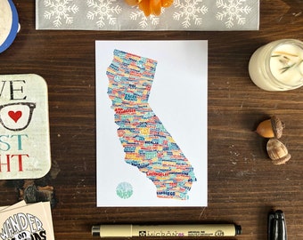 Hand-Lettered Towns of California Postcard, California Towns Postcard, California Postcard, California Map Postcard, California Art