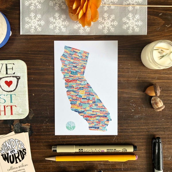 Hand-Lettered Towns of California Postcard, California Towns Postcard, California Postcard, California Map Postcard, California Art