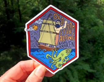 Pegatina de Old Stormalong con letras a mano, pegatina de arte de Massachusetts, pegatina de cuento popular, pegatina de folclore, pegatina dibujada a mano, pegatina de figura popular
