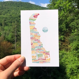 May include: A colorful word art print of the state of Delaware. The print features the names of cities and towns in Delaware, arranged in the shape of the state. The words are in a variety of colors, including red, orange, yellow, green, blue, and purple. The print is titled "Wander on Words".