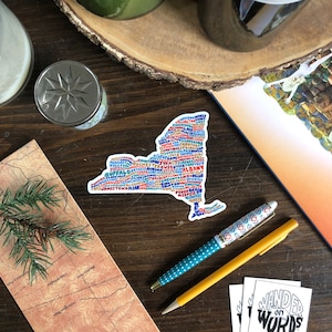 Adesivo de Nova York com letras à mão, adesivo de formato de Nova York, adesivo do estado de Nova York, adesivo de cidades de Nova York, mapa de Nova York, adesivo com letras à mão