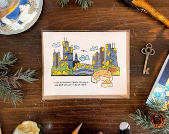 Da Brie Illustrated Pun Greeting Card, Funny Chicago Illustration, Cheesy Stationery