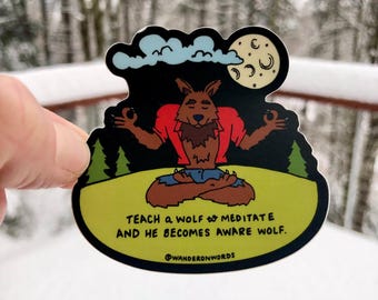 Pegatina con juego de palabras con letras a mano de "Lobo consciente", ilustración de hombre lobo