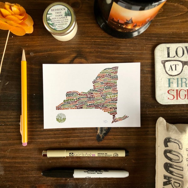 Hand-Lettered Towns of New York Postcard, New York Towns Postcard, New York Postcard, New York Map Postcard, New York Gift, New York