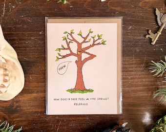 Tarjeta de felicitación ilustrada con juego de palabras primaveral de Releaved