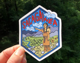 Pegatina de Sacagawea con letras a mano, pegatina de folclore de Idaho, pegatina de cuento popular, pegatina de folclore, pegatina dibujada a mano, pegatina de figura popular