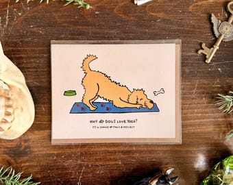 Tarjeta de felicitación ilustrada con juego de palabras sobre yoga para perros