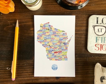 Hand-Lettered Towns of Wisconsin Postcard, Wisconsin Towns Postcard, Wisconsin Postcard, Wisconsin Lover Postcard, Wisconsin Gift, Wisconsin