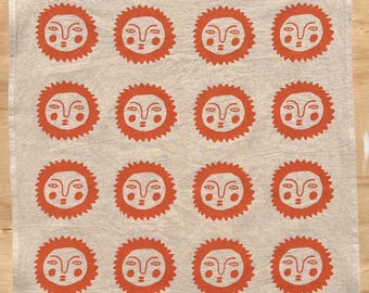 Sun cloth tea towel, hand printed natural flour sack cotton, orange sun