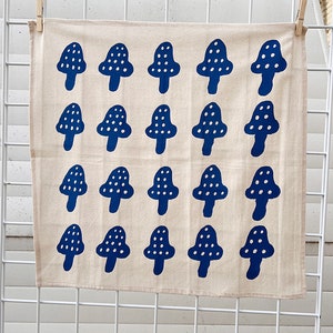 Mushroom cloth tea towel, hand printed cotton flour sack , blue mushroom