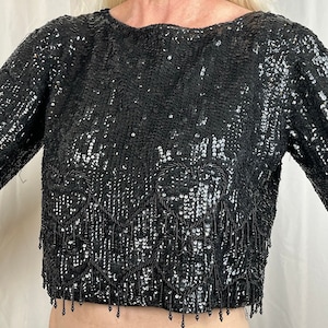 vintage Nancy Johnson pour Prisma - Perlé, Paillettes, Shimmy, Laine, Angora Belly 3/4&quot; manche, Chemise, M - L