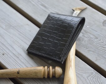 Crocodile, Reptile Embossed Leather Wallet / Black and Grey Leather Wallet, Bifold Wallet, Leather Wallet, Leather Bifold