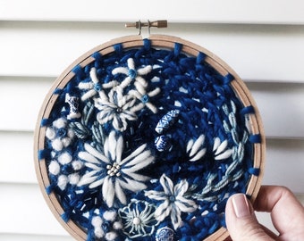 Cobalt Blue Willow Embroidery Hoop Art: Floral Farmhouse Wall Hanging Chinese Vase