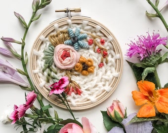 Embroidered Floral Hoop Art: Cozy Pastel Farmhouse Wall Hanging – Country Rose Wool Embroidery,