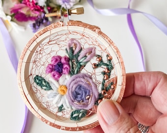 Lacy Lilac Rose Embroidery. Floral Metallic Copper Hoop. Purple Fiber Art Handmade Wall Hanging. Lavender Boho Gift. OandY Studio Crewel