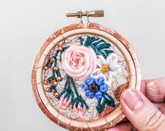 Pastel Rose Gold Flower Embroidery Hoop: Copper Metallic Fiber Art Wall Decor