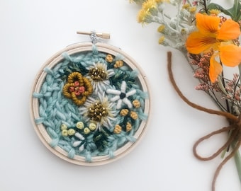Rustic Floral Embroidery Hoop Art: Honeycomb Farmhouse Decor. Chartreuse Botanical Gift