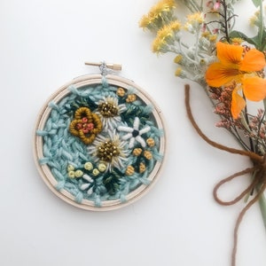 Rustic Tones Embroidery Art. Mustard Honeycomb Farmhouse Cottage Wall Hanging. Sky Blue Fiber Hoop. Chartreuse Botanical Gift. House Warming