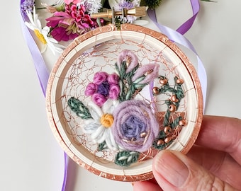 Copper Purple Embroidery Hoop. Lavender Rose Flowers Wall Hanging. Wire Textile Fiber Art. Handmade Cubicle Office Decor. Grandma Gift