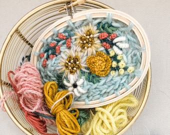Floral Embroidery Hoop Wall Art: Blue, Gold, Mustard Cottage Decor