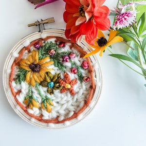 Botanical Embroidery Hoop: Persimmon Mustard Wool Flower Fiber Art. Autumn Wall Hanging
