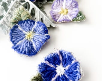 Morning Glory Flower Pin: Handmade Wool Embroidered Brooch