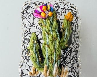 Handmade Cactus Brooch: Wire Embroidery Fiber Art Pin