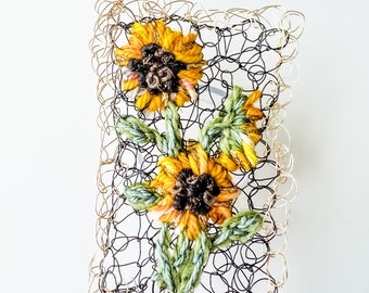Wire Embroidered Sunflower Brooch Pin: Fiber Art Flower Accessories. Floral Embroidery Jewelry