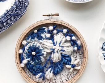 Royal Blue Nordic Wall Hanging: Contemporary Modern Embroidery Fibre Art. Copenhagen Cobalt Hoop