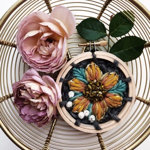 sunflower lover mustard flower fiber art. pink peony bridesmaid maid honor gift. white clematis small hoop embroidery. hand stitched indie wools andrea Brinkley etsy.com/shop/oandystudio made in North Carolina. maker yarns botanical work crochet