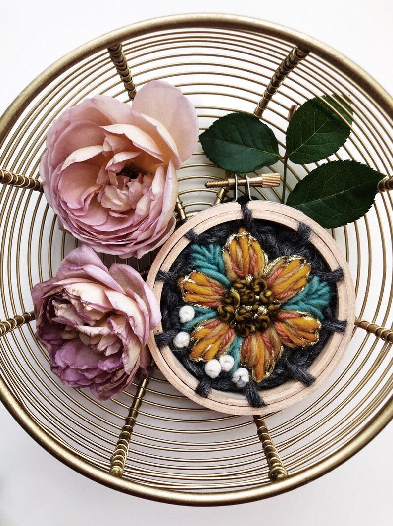 sunflower lover mustard flower fiber art. pink peony bridesmaid maid honor gift. white clematis small hoop embroidery. hand stitched indie wools andrea Brinkley etsy.com/shop/oandystudio made in North Carolina. maker yarns botanical work crochet