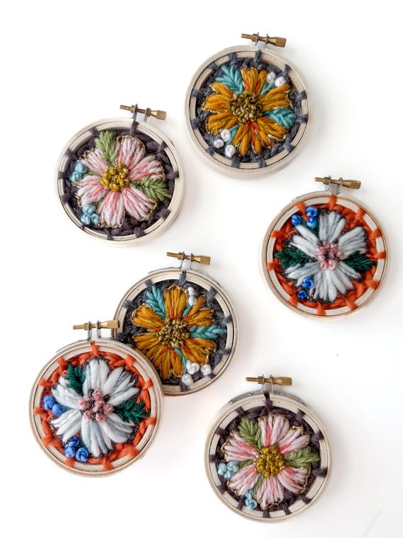 Miniature Floral Embroidery Hoop: Gold Metallic Fiber Art Wall Hanging. Small Gift
