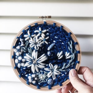 Cobalt Fiber Art Hoop Embroidery. Classic Blue Chinese Vase. Traditional Farmhouse Wall Hanging. Floral Willow Porcelain Wedding Bride Gift
