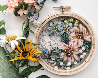 Blush Peony Embroidery Hoop Art: Handmade Floral Fiber Tapestry. Baby Nursery Shower Gift