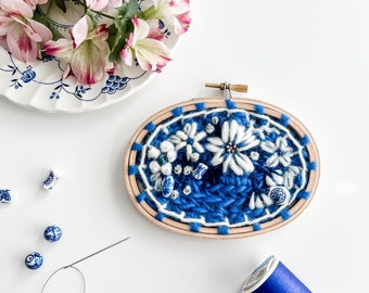 Indigo Willow Wall Hanging: Flow Blue Embroidery. Fiber Art Chinoiserie Decor.
