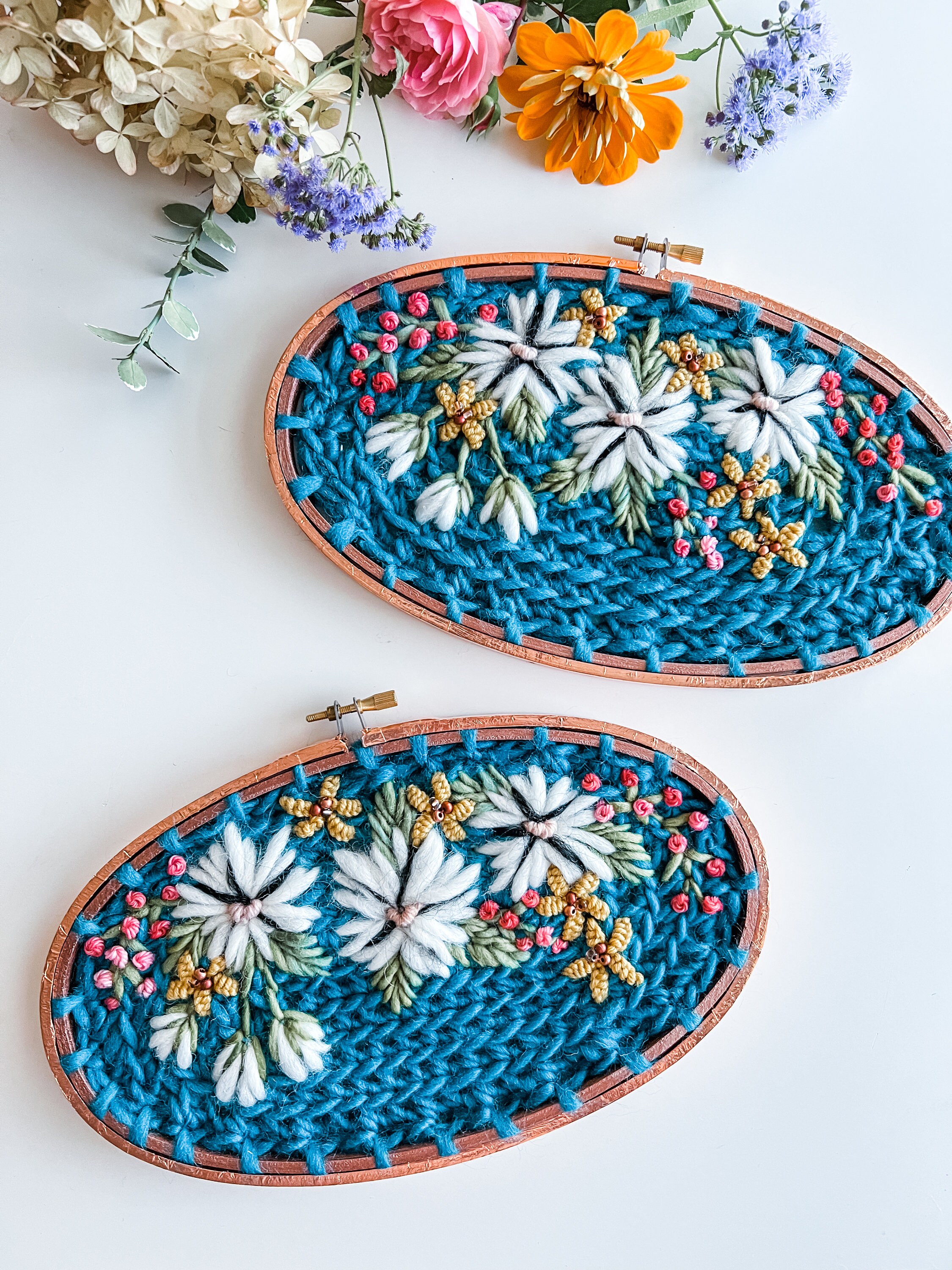 Wildflower Fiber Art Embroidery. Copper Hoop Wall Hanging. Hand ...