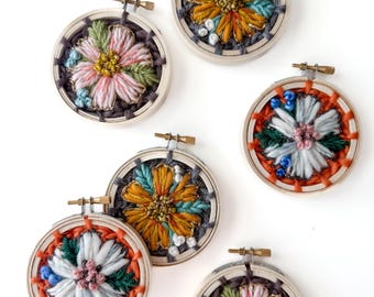 Miniature Floral Embroidery Hoop: Gold Metallic Fiber Art Wall Hanging. Small Gift
