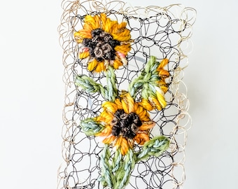 Sunflower Jewelry. Fiber Art Brooch Pin Accessories. Summer Flower Patch. Wire Embroidery Bridal Boutonnière. Year Round Jewellery Gift