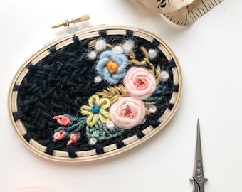 Pink Peony Mother Gift. Modern Embroidery Hoop Flower Crochet Wall Hanging. Handmade Gold Fiber Art. Unique Botanical Bedroom Grandmother