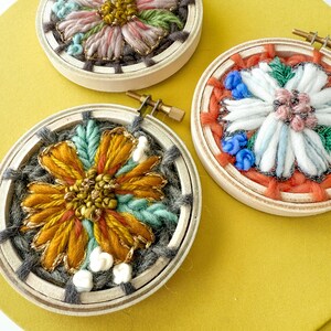 Pu&ograve; includere: Tre ricami floreali in cerchi di legno. I fiori presentano vari colori, tra cui rosa, arancione, giallo e blu, con accenti dorati. I cerchi sono posti su uno sfondo giallo.