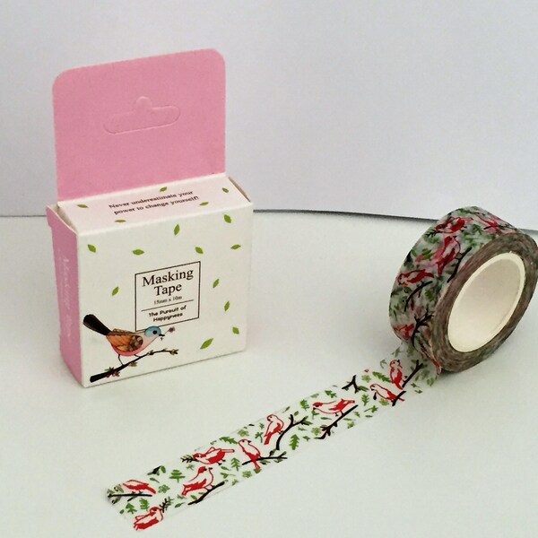 Washi Tape - Single Roll Set - Pink Bird Branch Floral - 15mm x 10 metres - Journal Adhesive Decorative Tape Masking