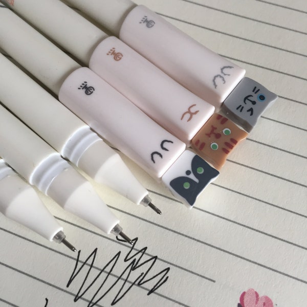 3 Kawaii Gel Pens 0.38mm Tip Kitty Cat Black Ink Fineliners, Kawaii stationery, Planner Journal Pens