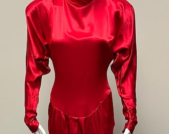 1980's Red Satin Norma Kamali Dress With Long Sleeves
